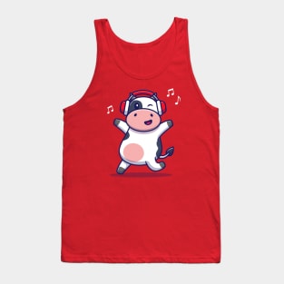 Cute Cow Listening Music With Headphone Tank Top